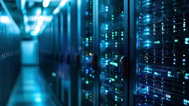 A row of server racks illuminated with blue lights in a data center environment.