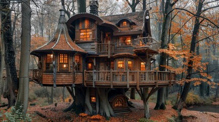 A charming wooden treehouse with multiple levels and windows, nestled among the trees in an autumnal forest.