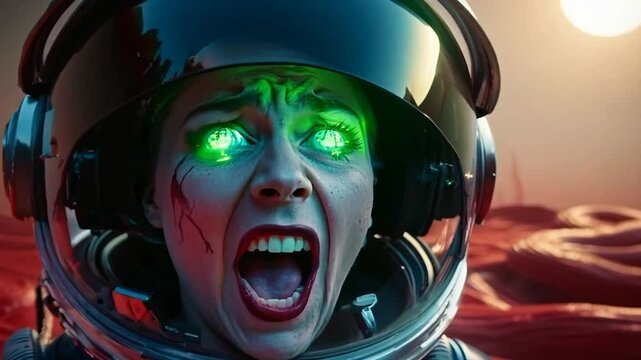 Screaming female astronaut with glowing green eyes in a spacesuit helmet, on an alien planet with a distressed expression as sunlight glows in the background