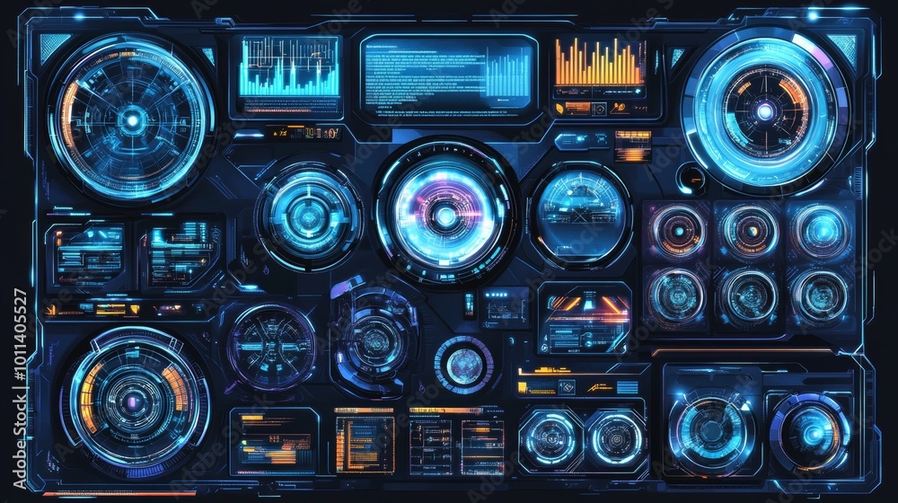 Poster game background design. round hud frames and borders. tech background. digital data.