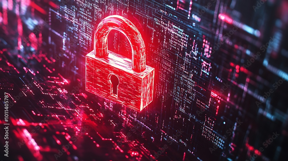 Poster A glowing red padlock symbol hovers over a digital circuit board background, representing cybersecurity and data protection.