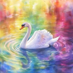 A peaceful watercolor of a white swan floating in crystalclear waters under a vibrant rainbow, soft reflections creating a magical, ethereal atmosphere