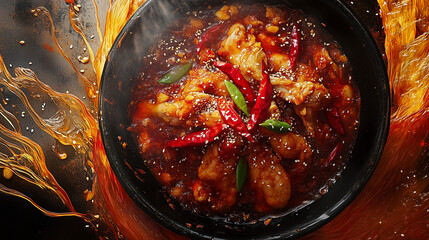 Chongqing spicy chicken poster in bowl chili pepper and oil splash