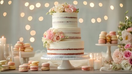 A beautifully decorated cake with flowers, surrounded by macarons and candles, creating an elegant dessert display.