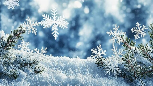 Snowflakes falling on pine tree branches covered in snow