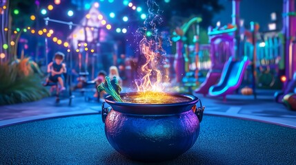 Magical cauldron with glowing potion in a vibrant playground setting at night, surrounded by colorful lights and whimsical energy.