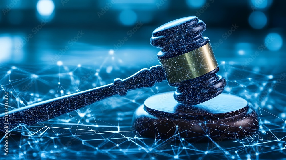 Leinwandbilder A gavel on a block with a digital network in the background, symbolizing the intersection of technology and law.