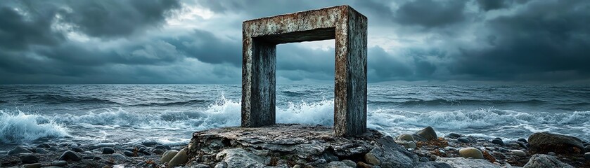 Mysterious ancient stone structure overlooking stormy sea under dramatic clouds, evoking a sense of adventure and timeless beauty.