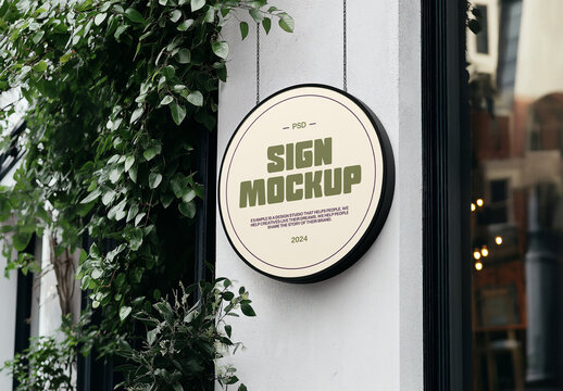Circle Restaurant Sign on the Wall Mockup