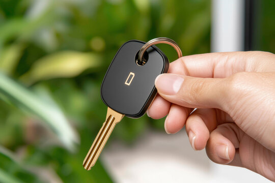 A sleek brass and black modern key being held in a hand, symbolizing access control and security in a high-tech world, perfect for futuristic or home automation concepts. - Powered by Adobe