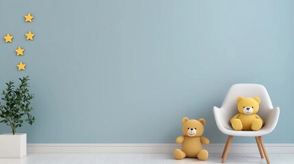 Cozy children's room with teddy bears and decorative stars on a blue wall.