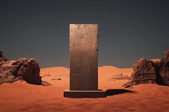 Mysterious stone monolith in a desolate desert landscape under a clear blue sky, surrounded by red sand and rocky formations. - Powered by Adobe