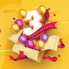 3 anniversary logo template on a gift box with a yellow background and balloons. 3rd anniversary celebration featuring a red ribbon and balloons. Gift box concept for an anniversary invitation card.