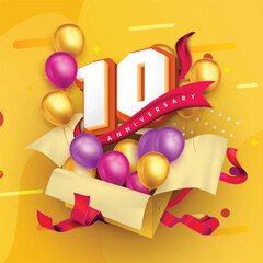 10 anniversary logo template on a gift box with a yellow background and balloons. 10th anniversary celebration featuring a red ribbon and balloons. Gift box concept for an anniversary invitation card.