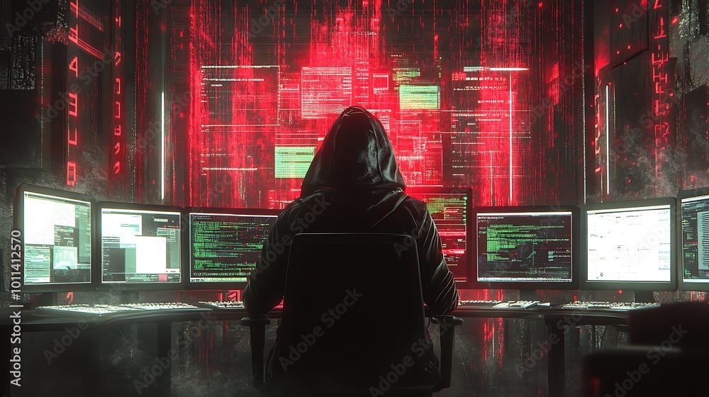 Leinwandbilder A hooded figure sits in front of multiple computer monitors, facing a screen displaying a digital code in a dark room, with the reflection of a red, glowing digital code in the glass of the monitors.