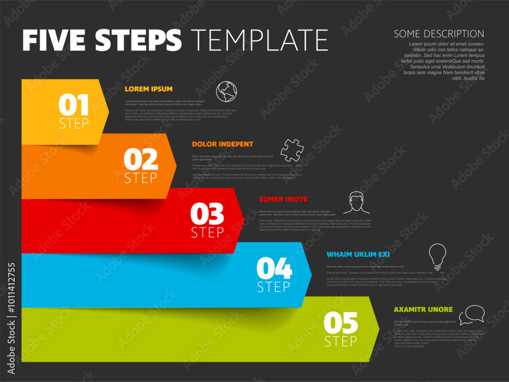 Poster five steps dark progress procedure infochart template with descriptions icons titles and big numbers