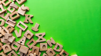 Isolated wooden vowels on green chroma background for educational materials and designs