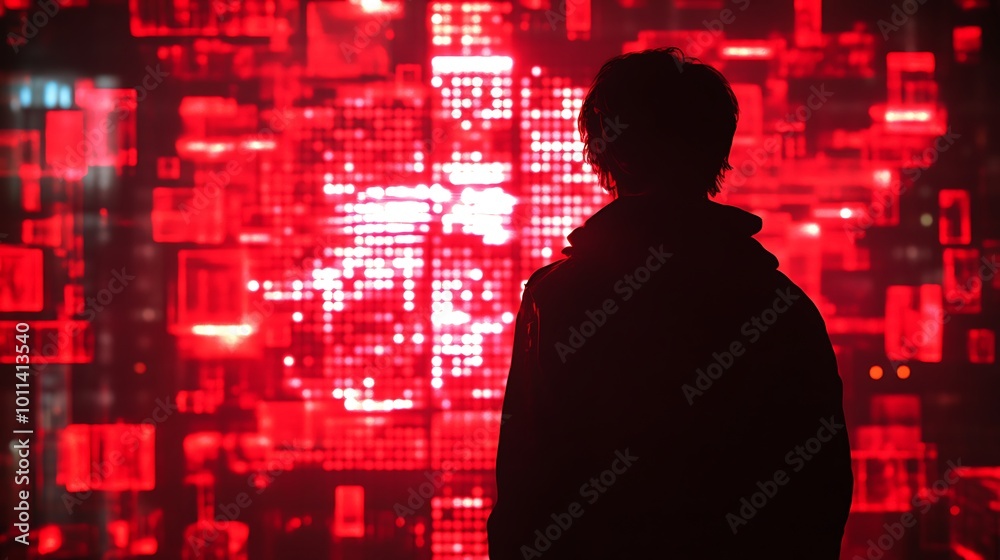 Poster A person stands in front of a large digital display of red lights and patterns.