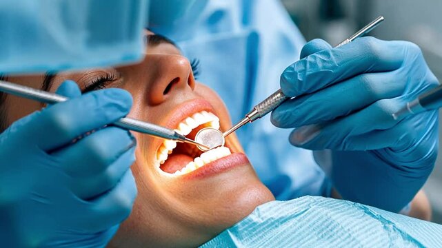 A dental professional examines a patient's teeth during an oral check-up.