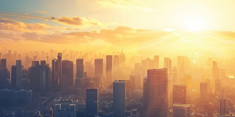 Fototapeta premium Urban skyline during golden hour, city life and architecture, with copyspace