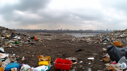 A panoramic view of a polluted landscape filled with garbage.