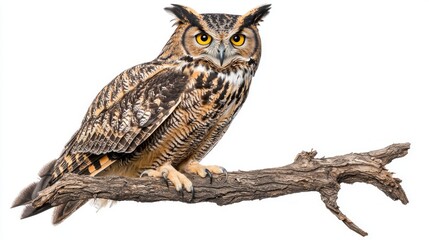 stunning Eurasian eagle-owl rests on a branch, showcasing its striking yellow eyes and prominent feathered tufts. The bright background highlights its regal presence.