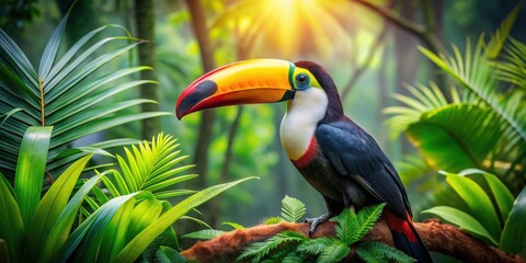 Fototapeta premium Vibrant Toucan Bird Sitting in a Lush Tropical Jungle with Colorful Exotic Plants