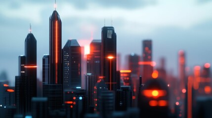 Fototapeta premium Futuristic city skyline at night, featuring tall buildings and skyscrapers illuminated by striking red lights, creating a cyberpunk atmosphere..