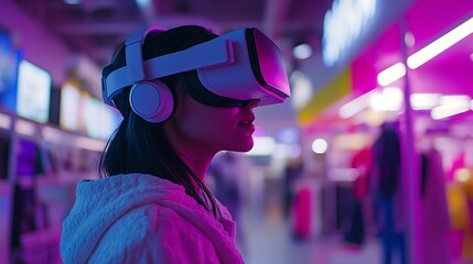 A person using virtual reality headset watching something in a highly advanced setting with neon lights inside, futuristic concept photography