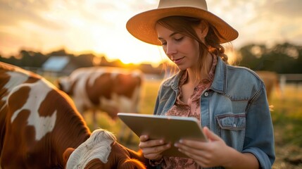 Fototapeta premium Female farmer with tablet in hand near cow on farm, working outdoors during sunset. Farming and agriculture concept