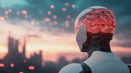 A futuristic robot with a glowing red visor standing at dusk, overlooking a distant cyberpunk city with glowing lights in the background..