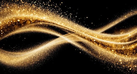 Abstract dynamic and fluid composition of gold particles and waves on black background. Movement and energy, with shimmering gold dust creating a luminous effect, wavy patterns.