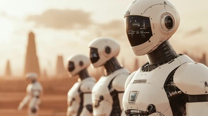 A group of futuristic robot soldiers standing in formation in a desert-like landscape during sunset, highlighting advanced robotics technology..
