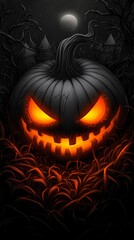 Naklejka premium A menacing jack-o-lantern with glowing eyes stares out from the darkness.