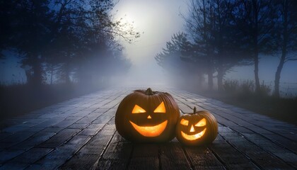 Halloween Night With Jack-O'-Lanterns on a Foggy Pumpkin-Lit Pathway