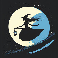 Silhouette of a Witch Flying on a Broomstick Against the Full Moon