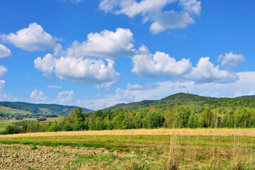 Fototapeta premium Picturesque places near Iwkowa village: foothills and meadows, forests and Szpilowka Range, Carpathian Foothills, Poland