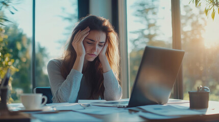 A businesswoman shows signs of stress while working at her desk in a sunny office filled with paperwork