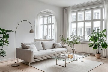 Fototapeta premium A combination of modern Scandinavian and minimalist interiors in the living room with windows and a view of the sofa and table. Generative AI 