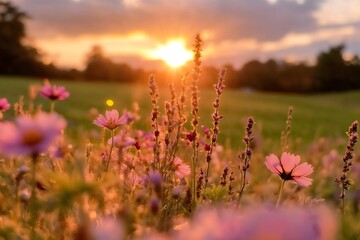 Naklejka premium Golden Sunset Over a Blooming Meadow. A Serene Moment of Nature’s Beauty Captured in Vibrant Wildflowers