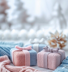 Crochet gift boxes pastel pink blue winter snow soft cozy yarn decor handmade bows holiday background copy space packaging mockup festive concept delicate feminine seasonal banner knitting wool lux