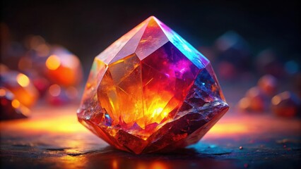 Bright glowing colorful gemstone quartz with vibrant hues of red, orange, and pink