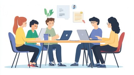 A group of students learning business skills through an online entrepreneurship workshop, collaborating via chat
