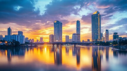 Obraz premium A cityscape with tall buildings reflecting in the water at sunset.
