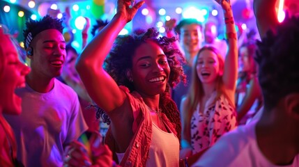 A vibrant party scene with joyous dancers enjoying colorful lights and music together, creating a fun and lively atmosphere.