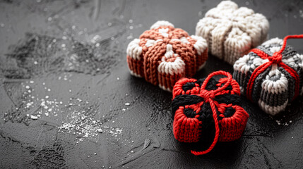 Naklejka premium Fancy crochet gift boxes red brown black white wool yarn handmade wrapping winter present cozy craft concept mockup background textured minimalist holiday flatlay copy space banner knitting flatlay