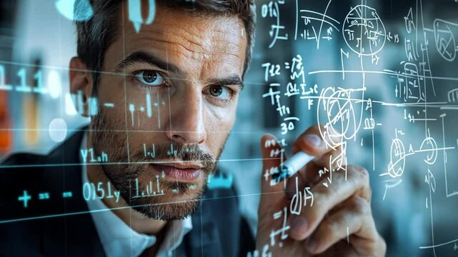 A focused individual analyzing complex equations and data on a transparent screen.