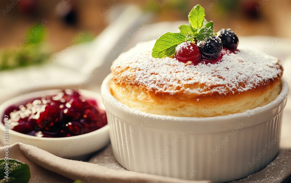 Wall mural sweet dessert souffle with berry sauce.