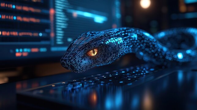 a computer screen displaying python code with digital snake symbolizing python programming for data engineering