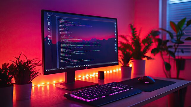 a computer setup with code on the screen representing learning python for data engineering main objects monitor keyboard plant headphones